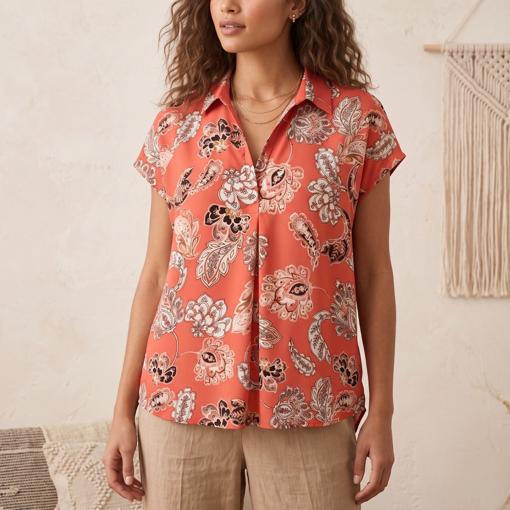 Spense Floral Paisley Top Salmon Pink Coral Resort Boho Flowy Relaxed Office L